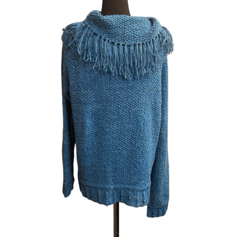 PURE SILK Hand Knitted Blue Cowl Neck Sweater Fringe Detail Small Luxury EUC - Picture 4 of 13